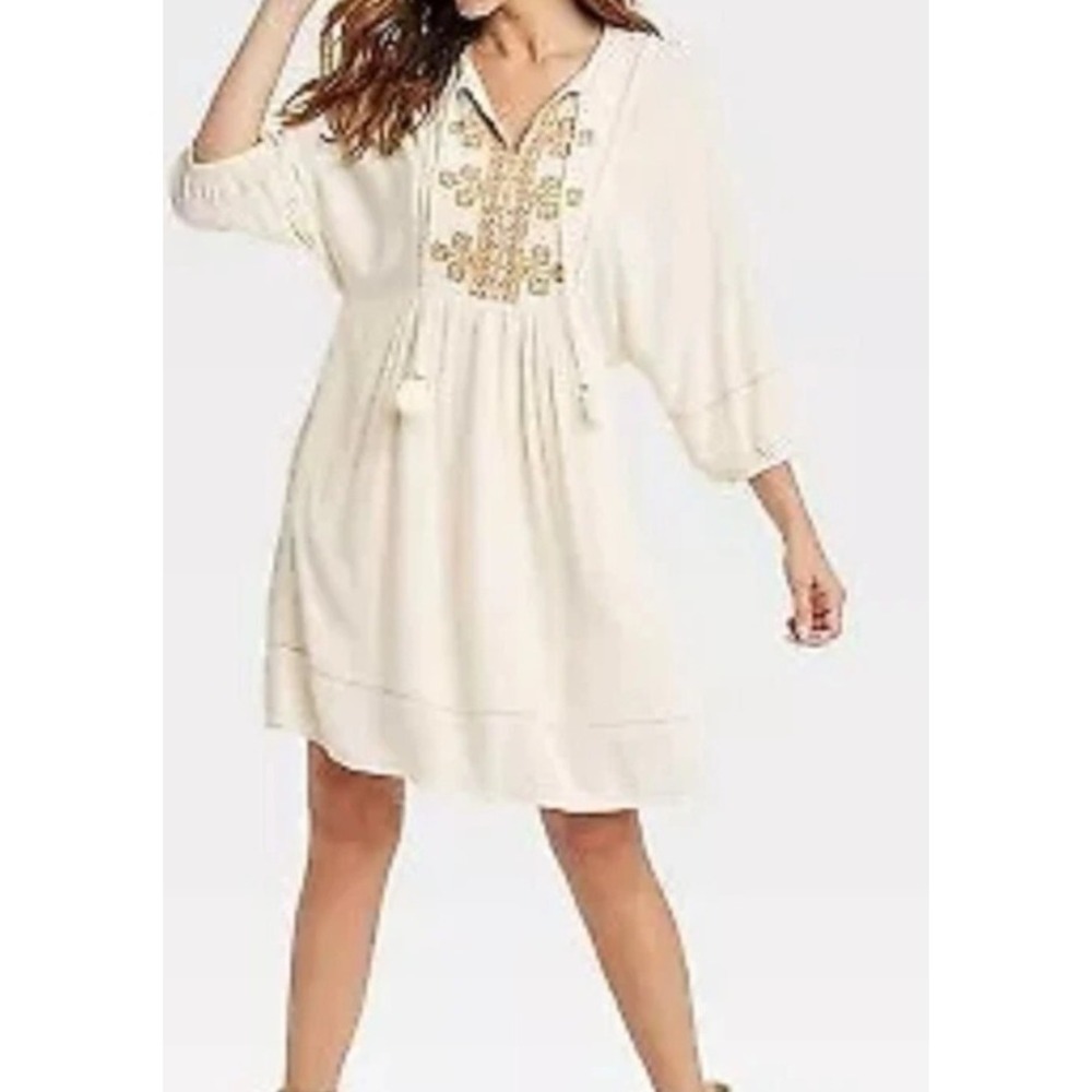 Knox Rose Cream Embroidered Boho Tassel‎ Mini Dress Ivory 3/4 Sleeve Pockets